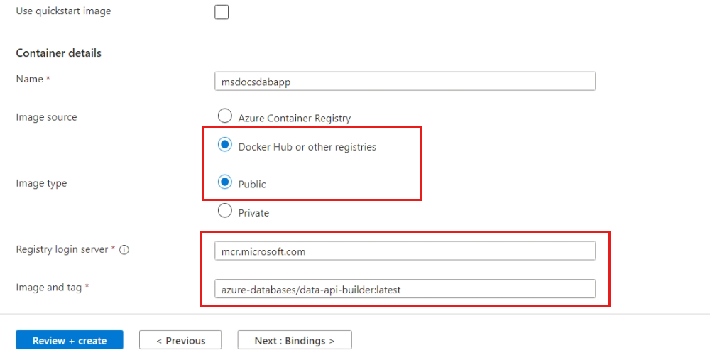 Capture d’écran de l’onglet « Créer une application conteneur » dans le portail Azure.