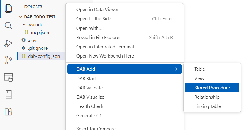 Capture d’écran du menu contextuel Ajouter DAB dans Visual Studio Code avec des options de table, d’affichage et de relation.