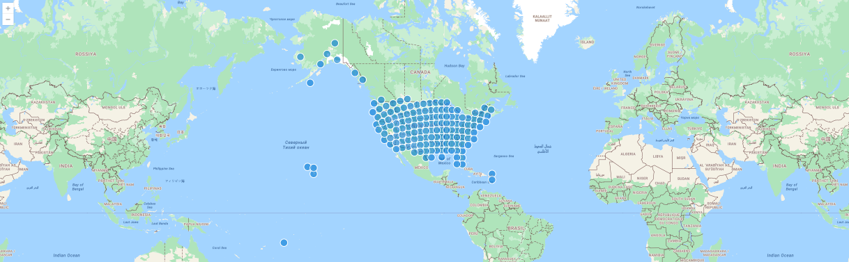 Capture d’écran des exemples d’événements GeoJSON de tempête.