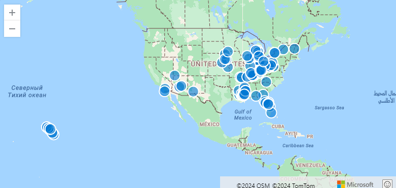 Capture d’écran des exemples d’événements de tempête sur une carte.