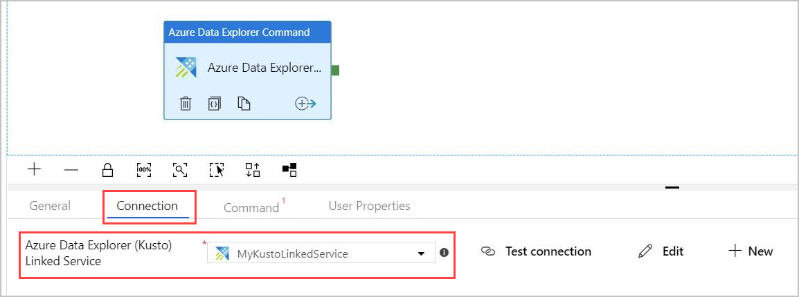 onglet Connexion de l’activité de commande Azure Data Explorer.