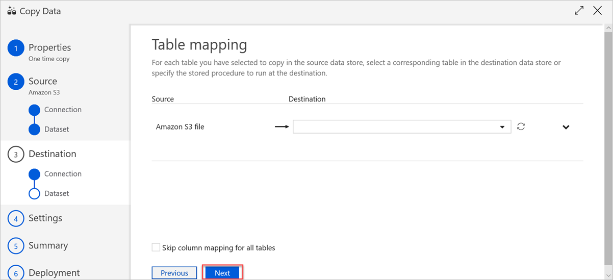 Volet « Mappage de table » du jeu de données de destination