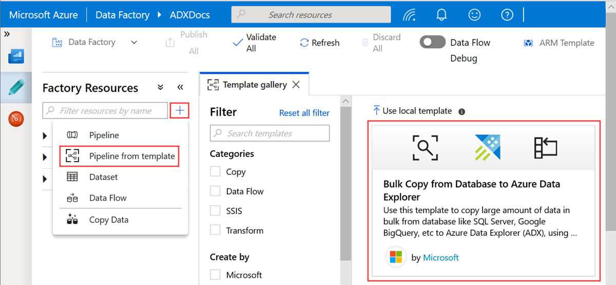 Modèle « Copie en bloc à partir d’une base de données vers Azure Data Explorer »