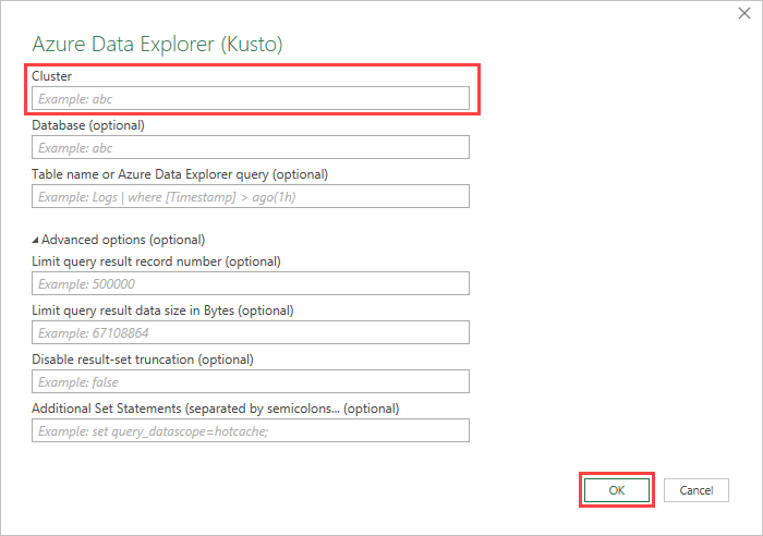 Capture d’écran montrant la fenêtre Azure Data Explorer (Kusto).