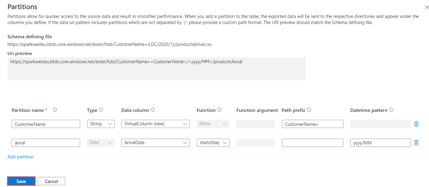 Capture d’écran de l’ajout de partitions à une table externe dans Azure Data Explorer.