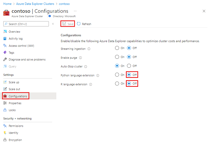 Capture d’écran de la configuration du cluster du portail Azure Data Explorer pour désactiver les extensions de langage.