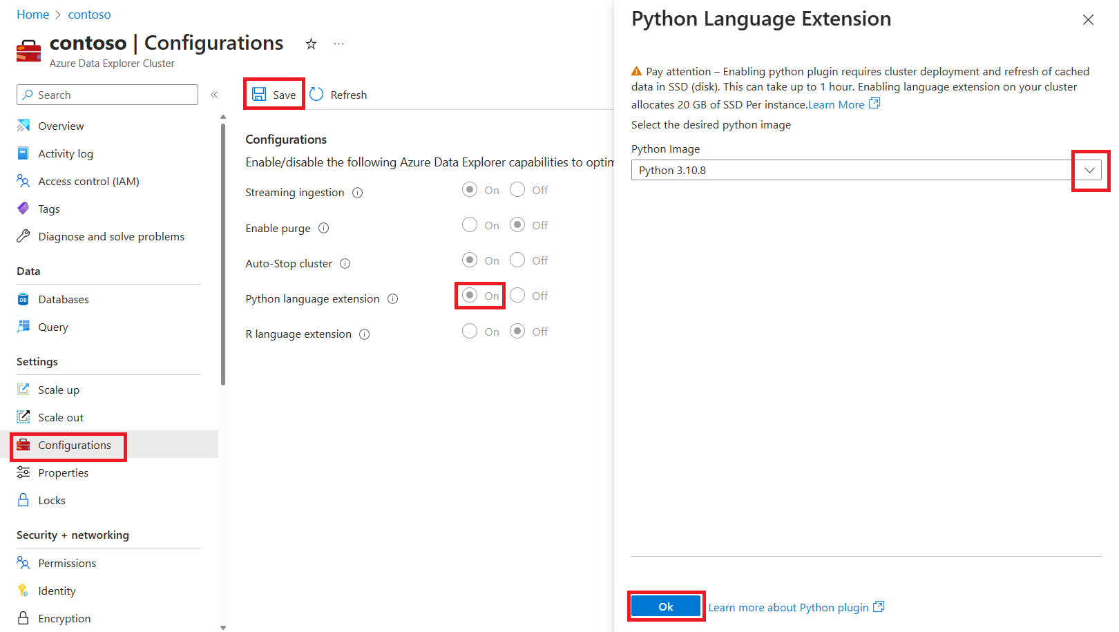 Capture d’écran de la page de configuration du cluster Azure Data Explorer, montrant la sélection d’image d’extension de langage Python.