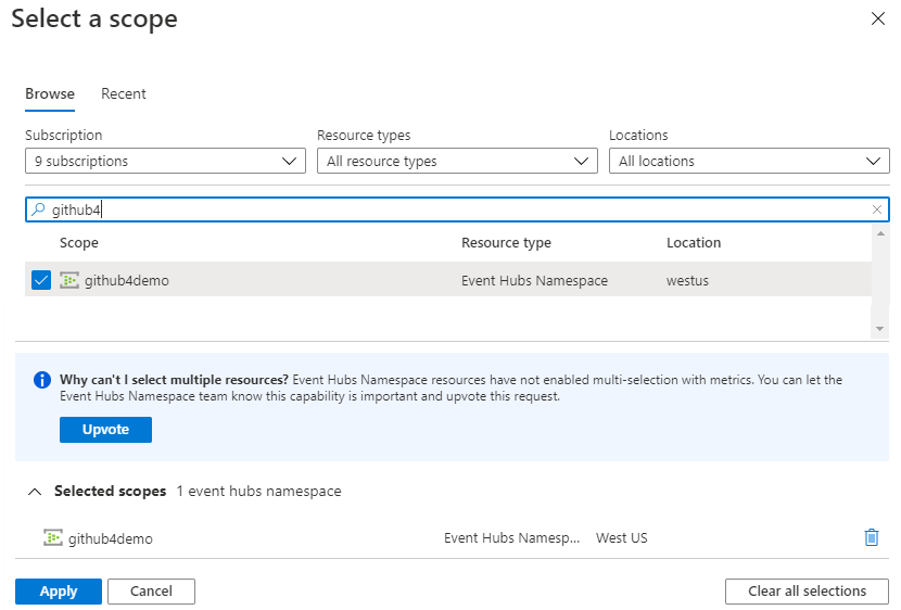 Capture d’écran de la boîte de dialogue Sélectionner une étendue dans l’Portail Azure, montrant une recherche de github4demo dans la liste des espaces de noms Event Hubs.
