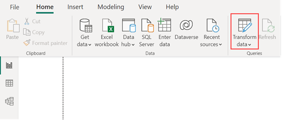 Capture d’écran de l’onglet Accueil dans Power BI Desktop, avec l’option d’onglet Accueil intitulée Transformer les données mise en évidence.