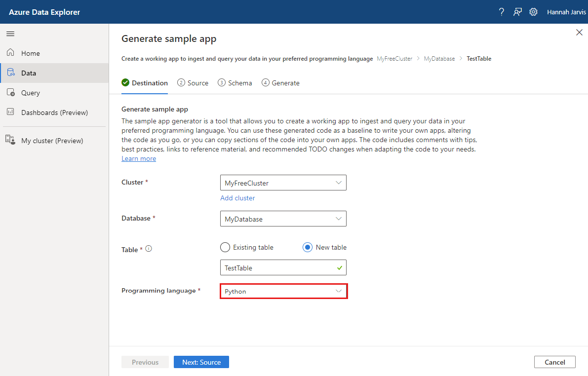 Capture d’écran de l’interface utilisateur web Azure Data Explorer montrant l’onglet Exemple de destination du générateur d’applications.