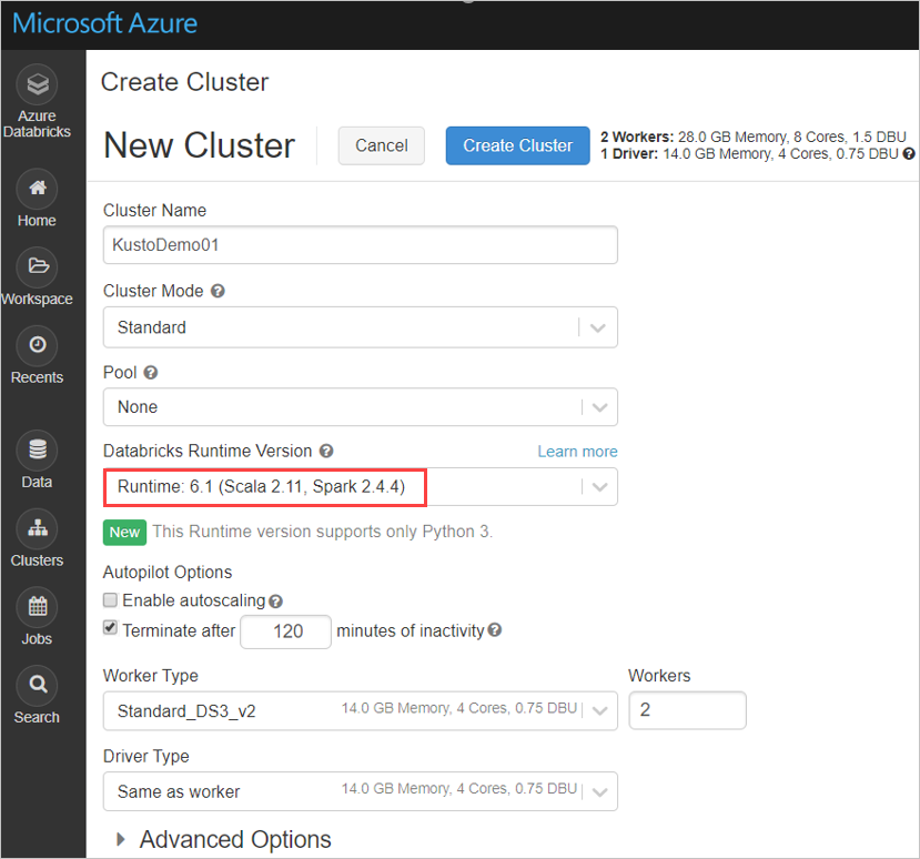 Paramètres de cluster Databricks.