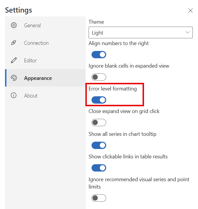 Capture d’écran montrant comment activer la mise en surbrillance du niveau d’erreur dans les paramètres.