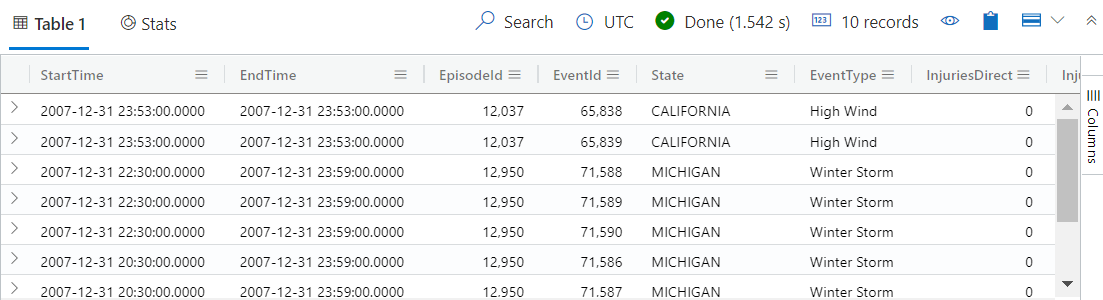 Capture d’écran d’une table qui liste les données de 10 événements orageux dans l’interface utilisateur web Azure Data Explorer.