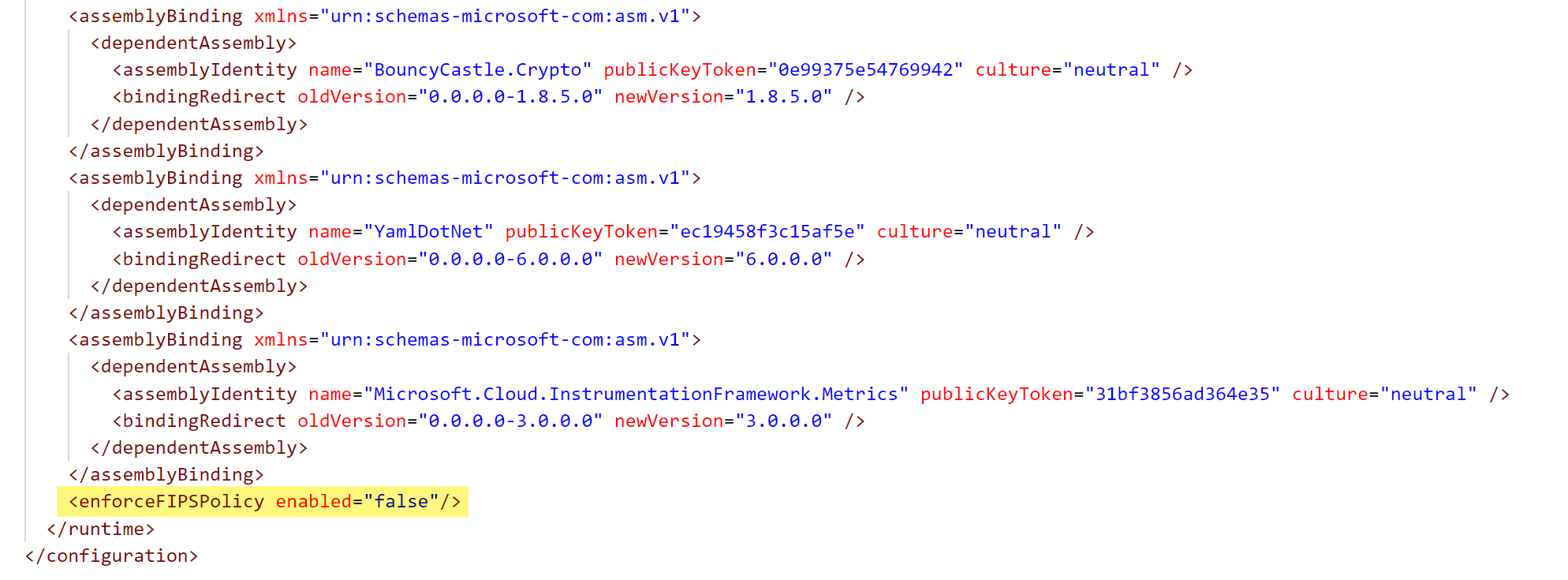 Capture d’écran d’une section du fichier diawp.exe.config montrant FIPS désactivé.