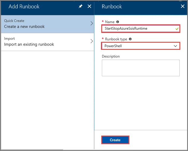 Screenshot that shows details for creating a runbook.