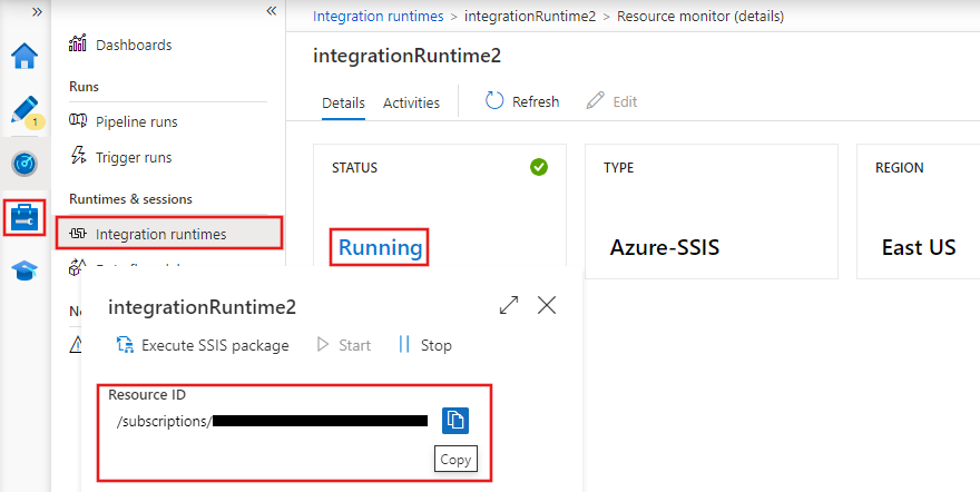 Screenshot that shows selections for finding the Azure Data Factory SSIS IR resource ID.