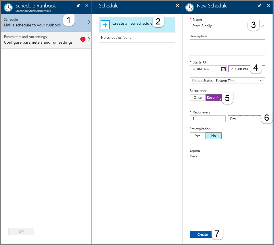 Screenshot that shows selections for scheduling the start of an Azure-SSIS IR.