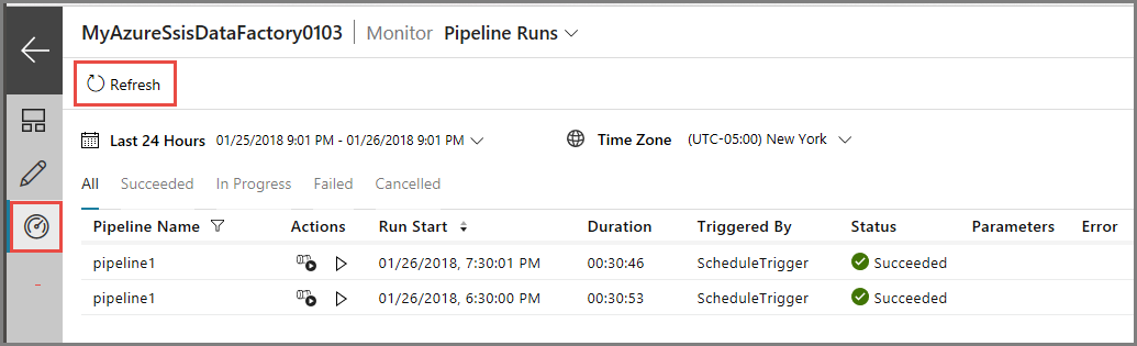 Screenshot that shows the pane for monitoring pipeline runs.