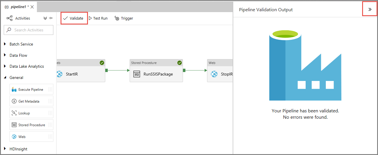 Screenshot that shows the button for validating a pipeline.