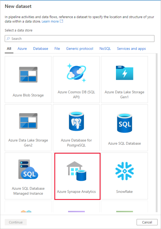 Capture d’écran du portail Azure du nouveau jeu de données Azure Synapse Analytics d’un nouveau récepteur de données.