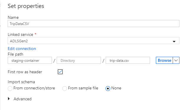 Capture d’écran du portail Azure de la page des propriétés de la création de données dans ADLS Gen2.