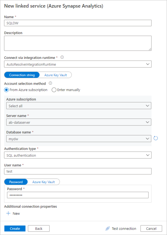 Screenshot from the Azure portal of configuring a new Azure Synapse Analytics linked service named SQLDW.