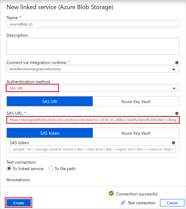 Selections for authentication method and SAS URL