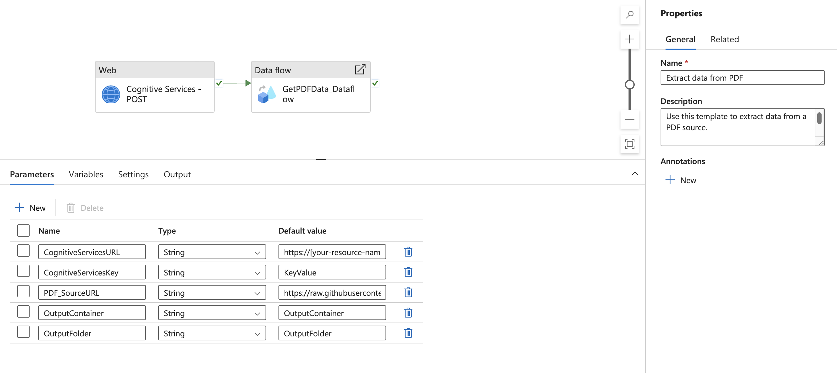 Capture d’écran de la vue de pipeline avec une activité web liée à une activité de flux de données.