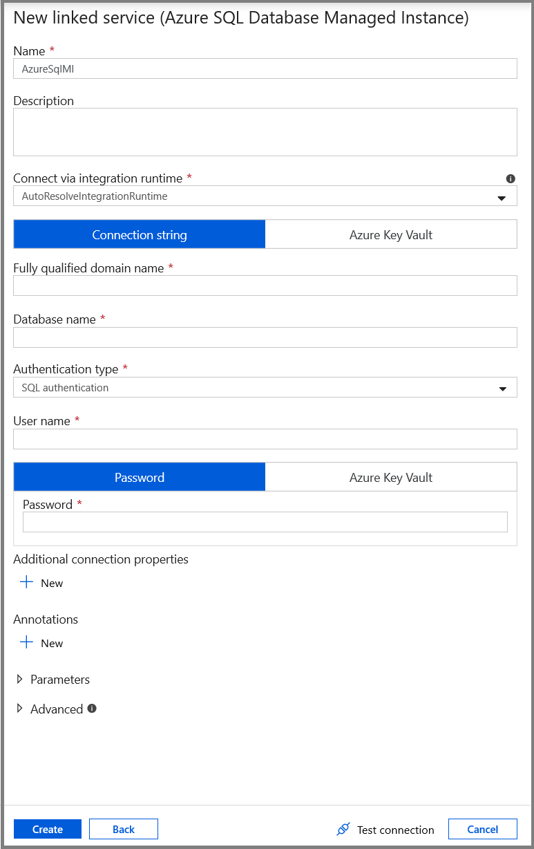 Azure SQL MI Database linked service settings