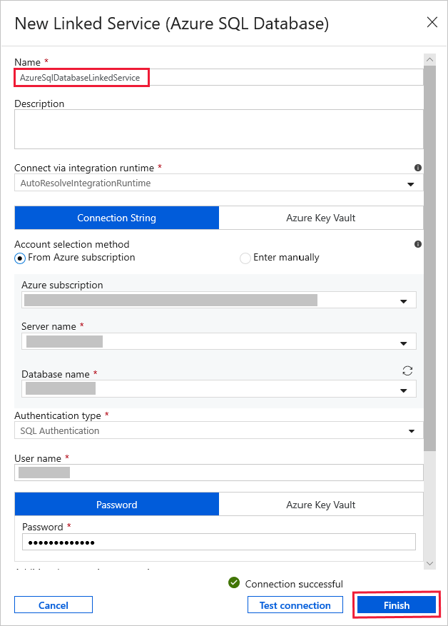 Fenêtre du nouveau service lié