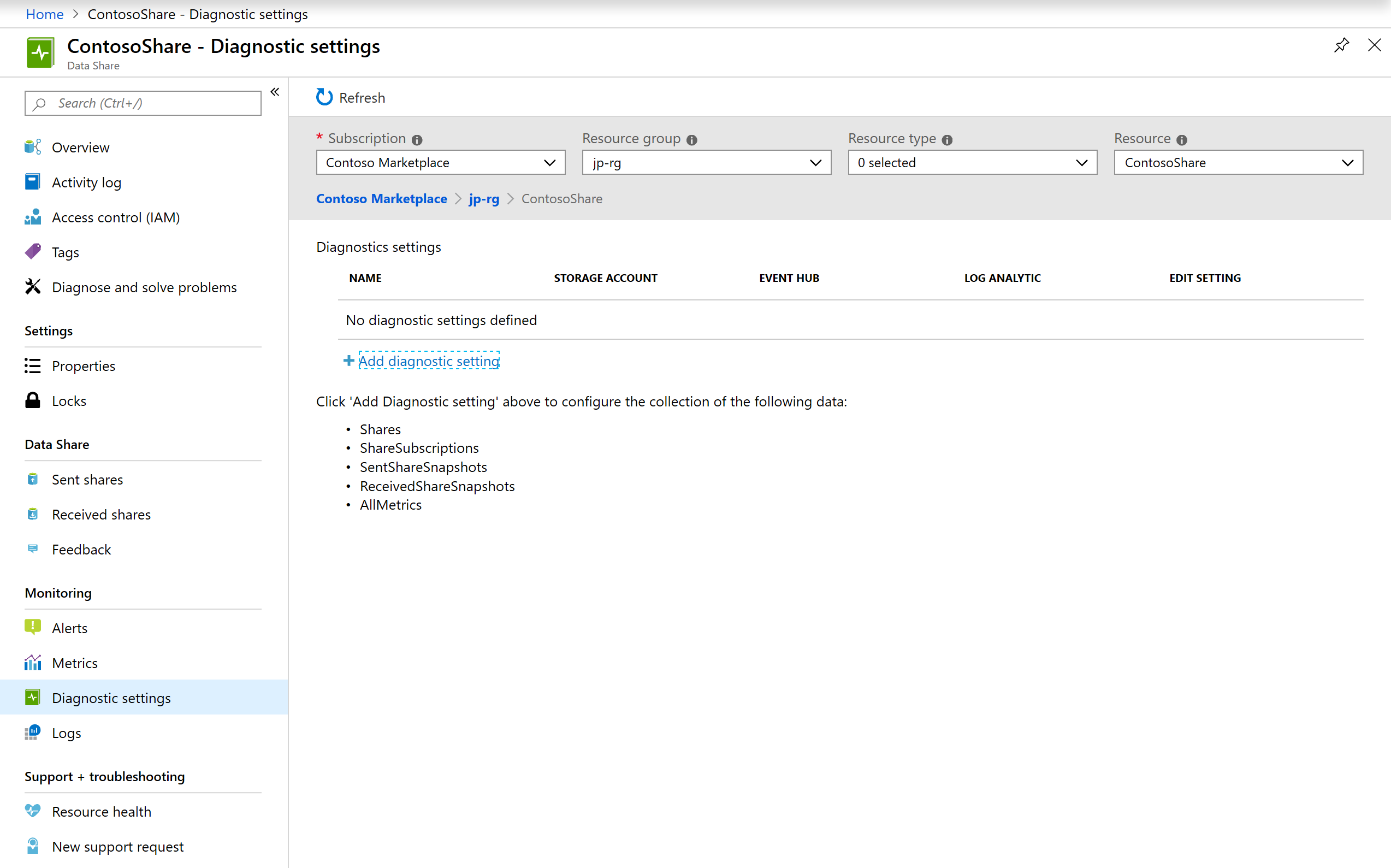 Screenshot shows the Diagnostic settings page in the Azure portal.