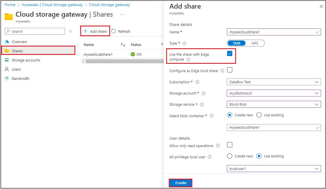 Capture d’écran montrant la passerelle de stockage cloud pour ajouter un partage avec l’option Utiliser le partage avec le partage local en périphérie activée.