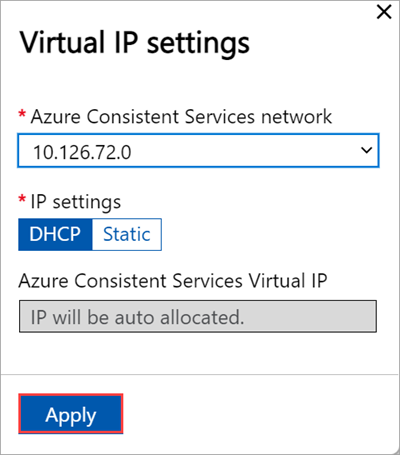 Capture d’écran de l’interface utilisateur web locale affichant la page « Cluster » avec le volet « Paramètres d’adresse IP virtuelle » configuré pour les services cohérents Azure sur le premier nœud.