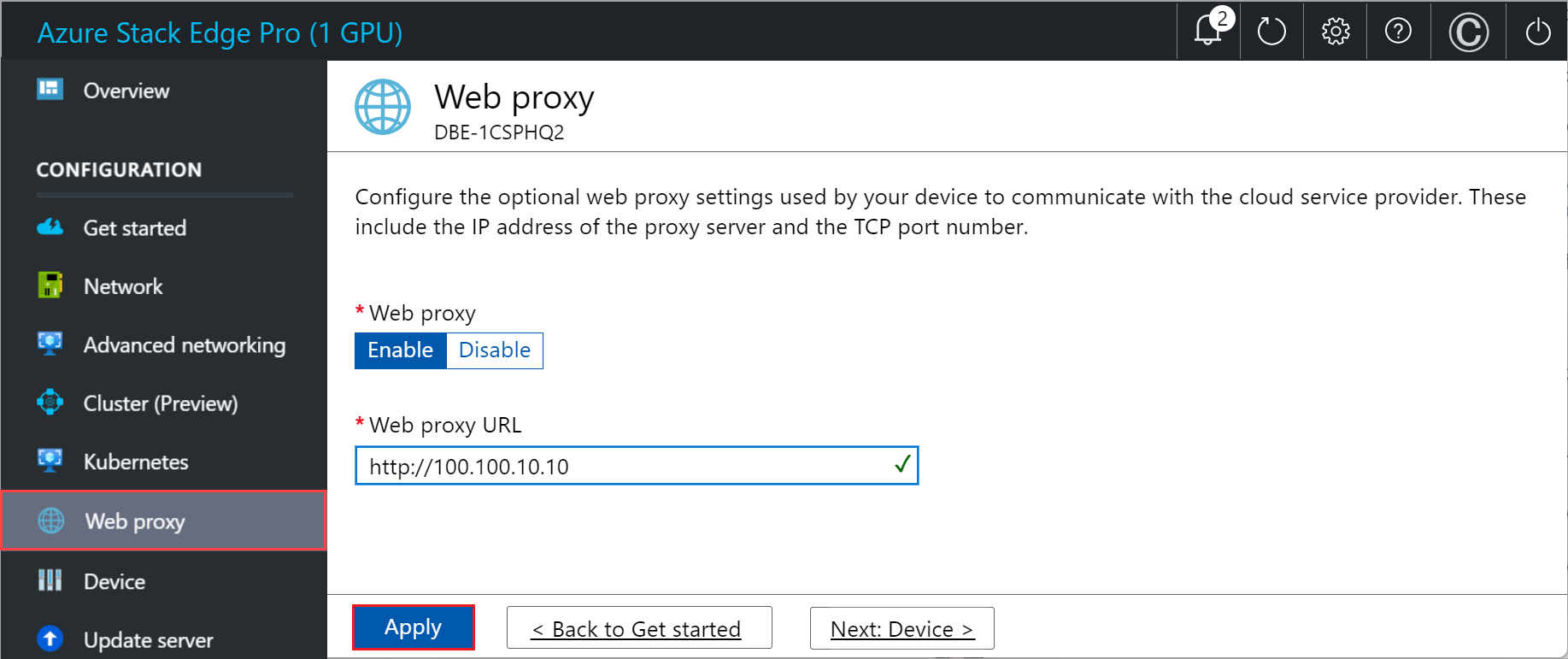 Capture d’écran de l’interface utilisateur web locale affichant la page « Paramètres de proxy web » 2