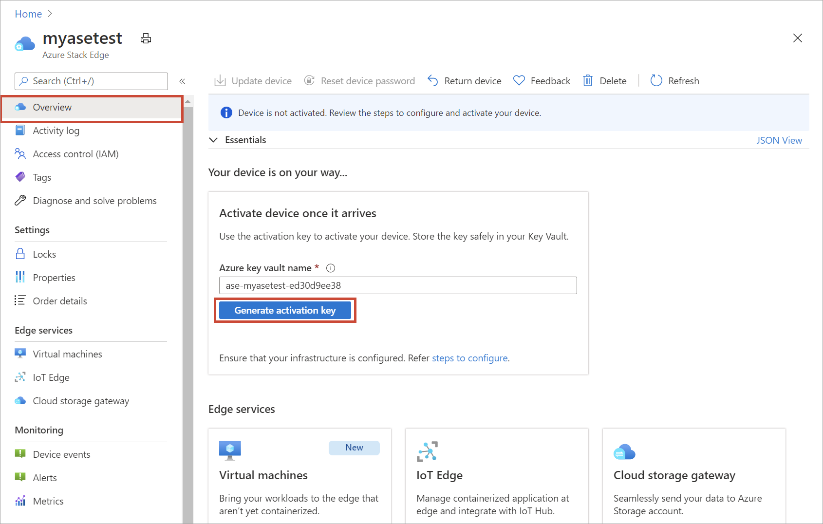 Capture d'écran du volet d'aperçu d'une ressource Azure Stack Edge nouvellement créée. Le bouton Générer la clé d’activation est mis en évidence.