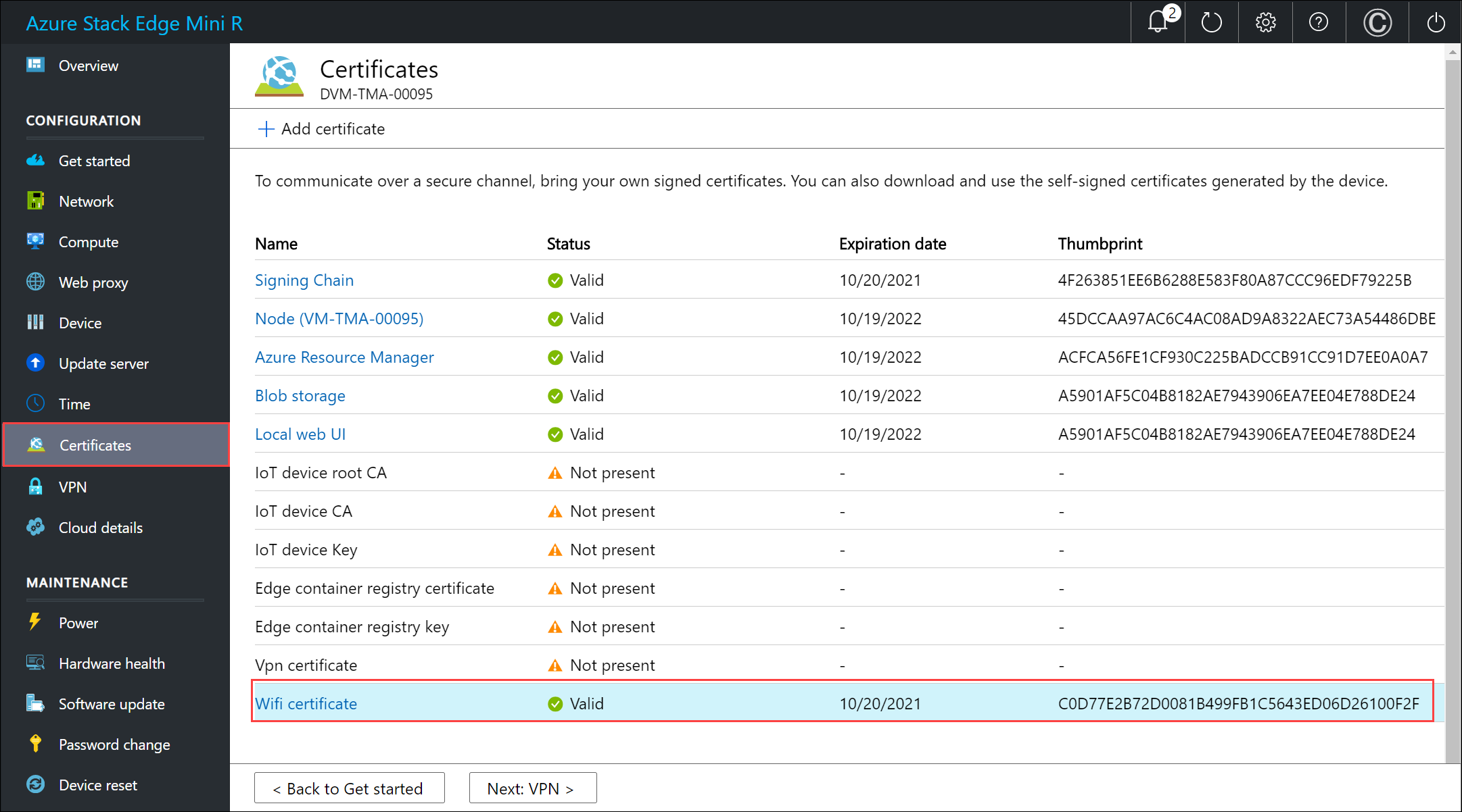 Page 4 « Certificats » de l’interface utilisateur web locale
