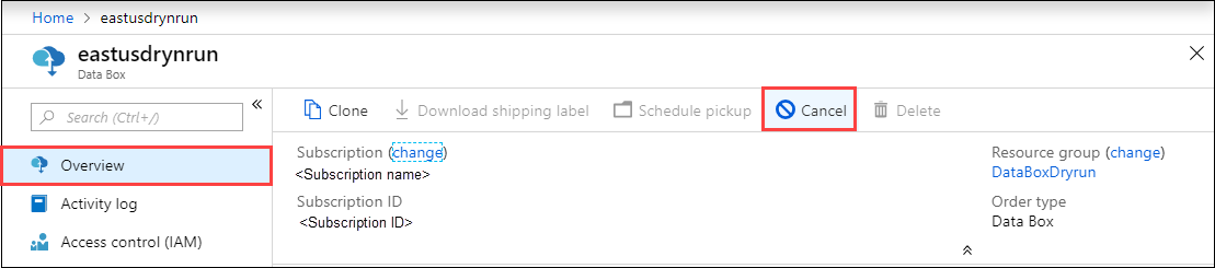 Cancel command on the Overview tab for an order