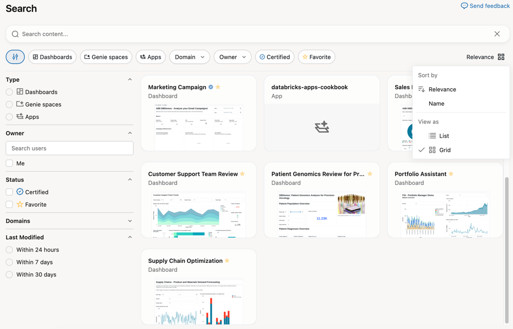 Filtres de la page de liste Databricks One
