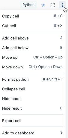 Menu actions de cellule