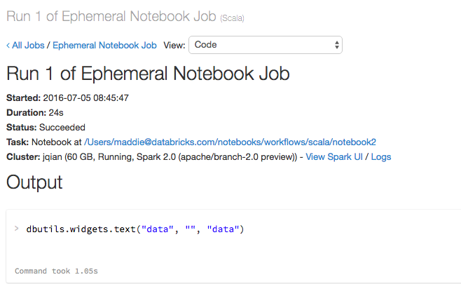 Notebook workflow run result