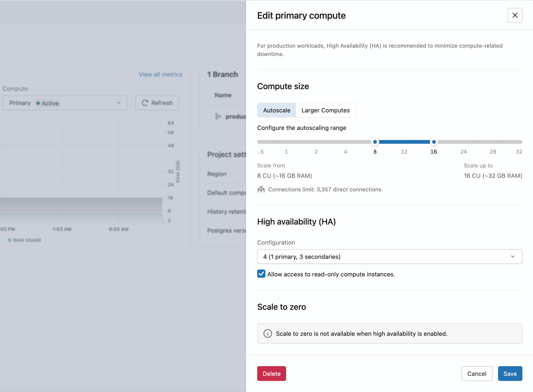 Modifier le tiroir de calcul montrant le bouton bascule type de calcul défini sur Haute disponibilité et la liste déroulante Configuration avec des options pour 2, 3 ou 4 instances de calcul totales