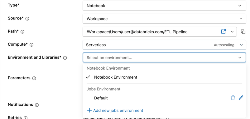 Menu déroulant Environnement et bibliothèques pour une tâche de notebook affichant les options Environnement du notebook et Environnement des travaux
