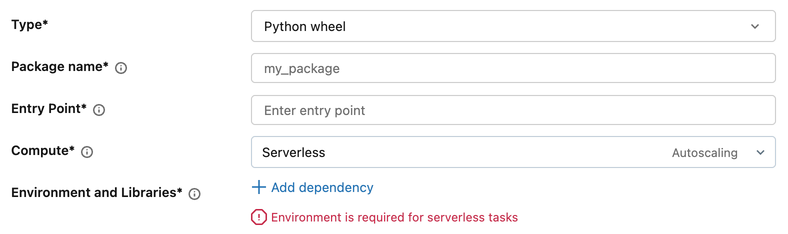 Section Environnement et bibliothèques pour une tâche wheel Python affichant le lien Ajouter une dépendance