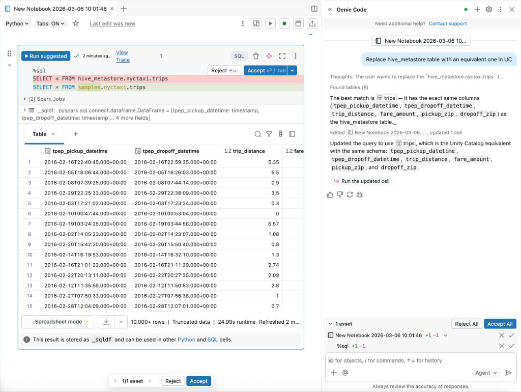 Utilisation de Genie Code pour remplacer une table de metastore Hive par un équivalent UC.