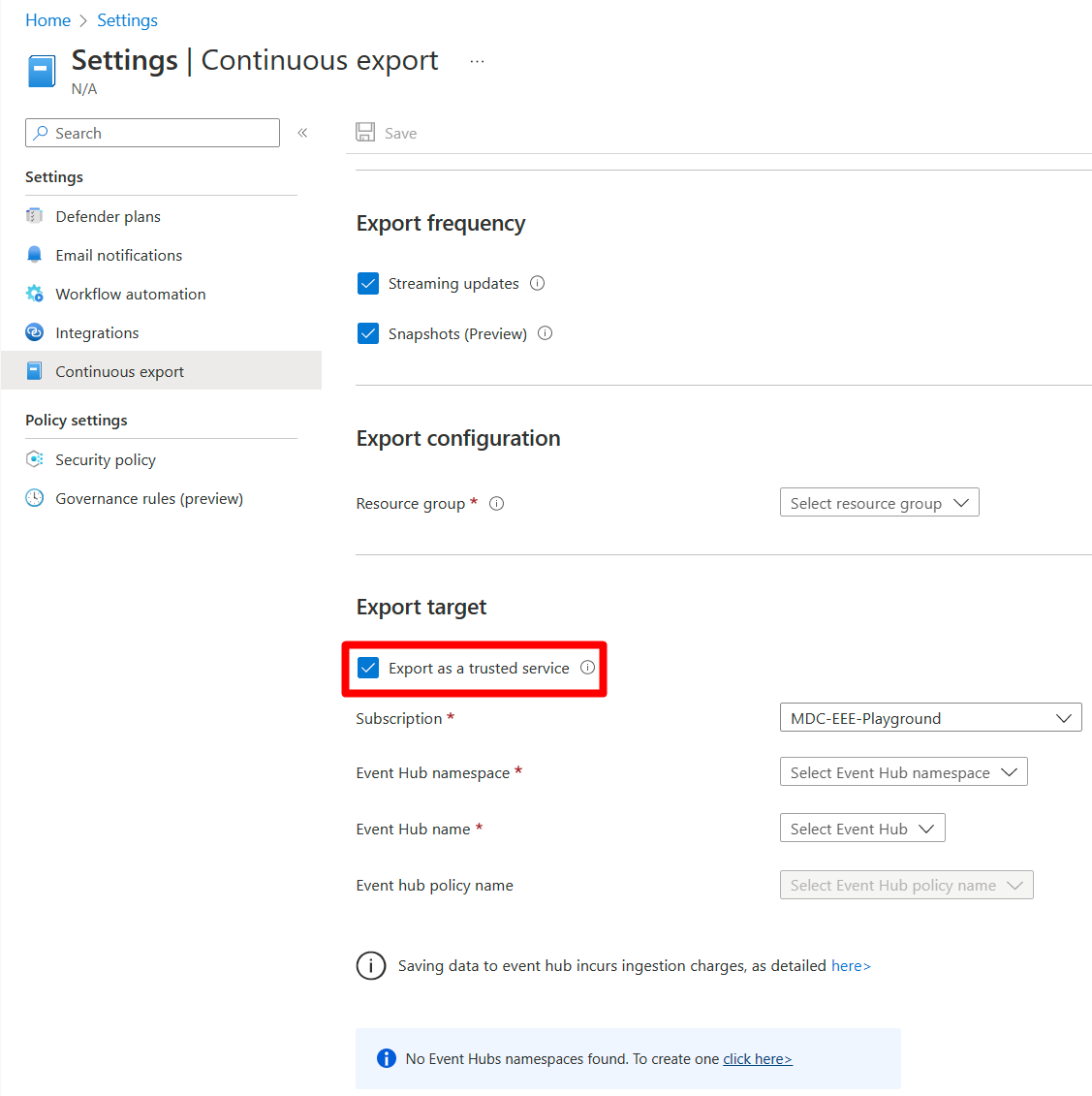 Screenshot that shows where the checkbox is located to select export as trusted service.