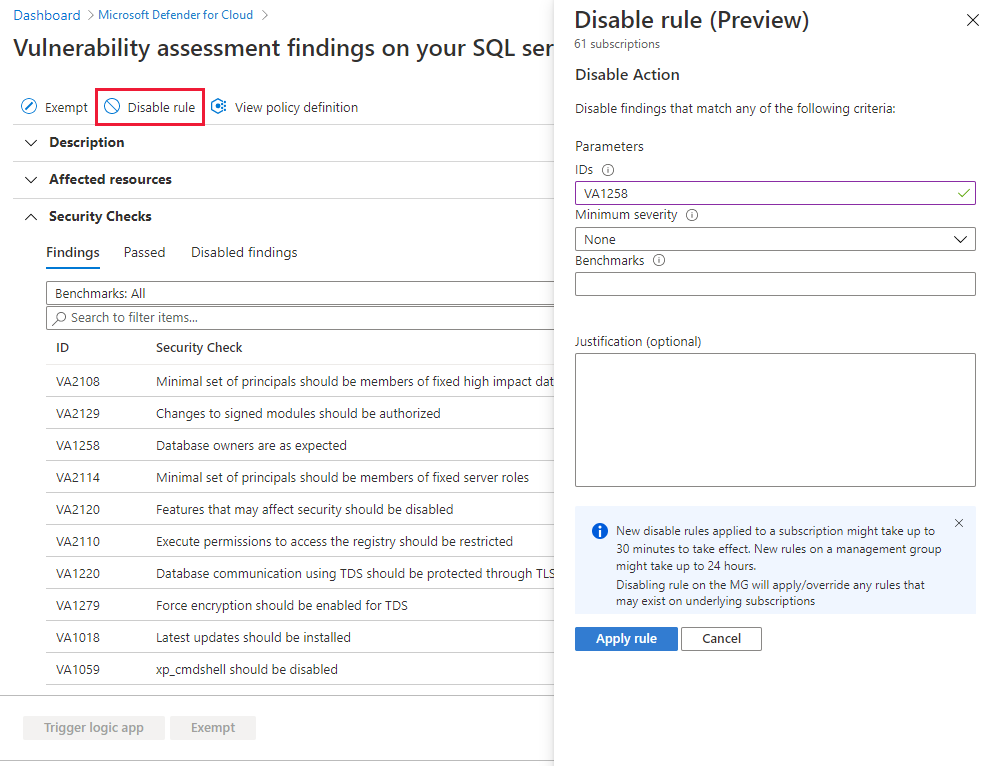 Screenshot of create a disable rule for VA findings on SQL servers on machines.