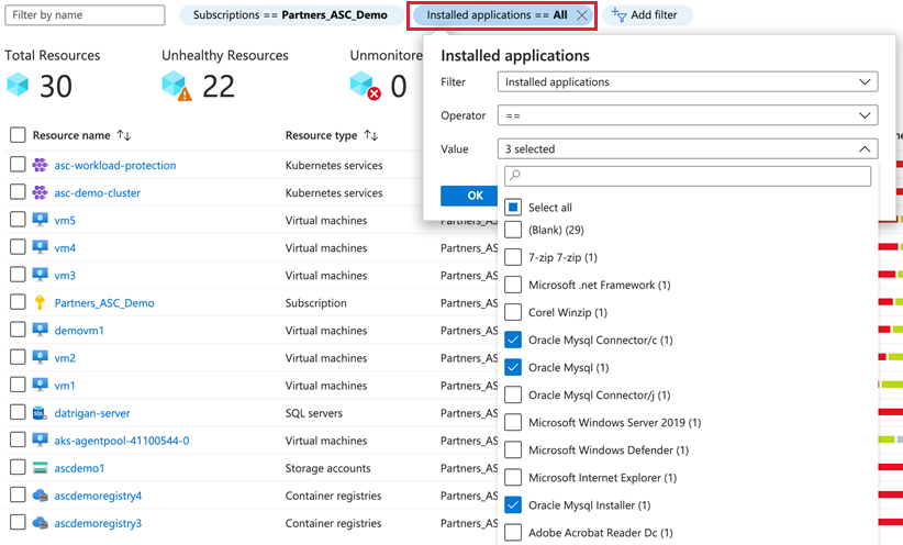 Si vous avez activé la solution de gestion des menaces et des vulnérabilités, l’inventaire des ressources de Security Center offre un filtre permettant de sélectionner les ressources en fonction de leurs logiciels installés.