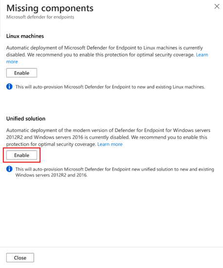 Capture d’écran de l’activation de l’utilisation de la solution unifiée Defender pour point de terminaison pour les machines Windows Server 2012 R2 et 2016.