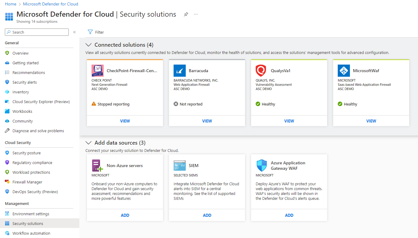 Screenshot showing security Solutions page.