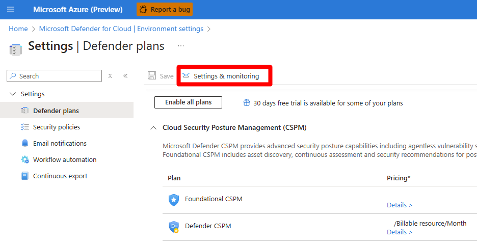 Capture d’écran montrant l’emplacement du bouton Paramètres et surveillance.